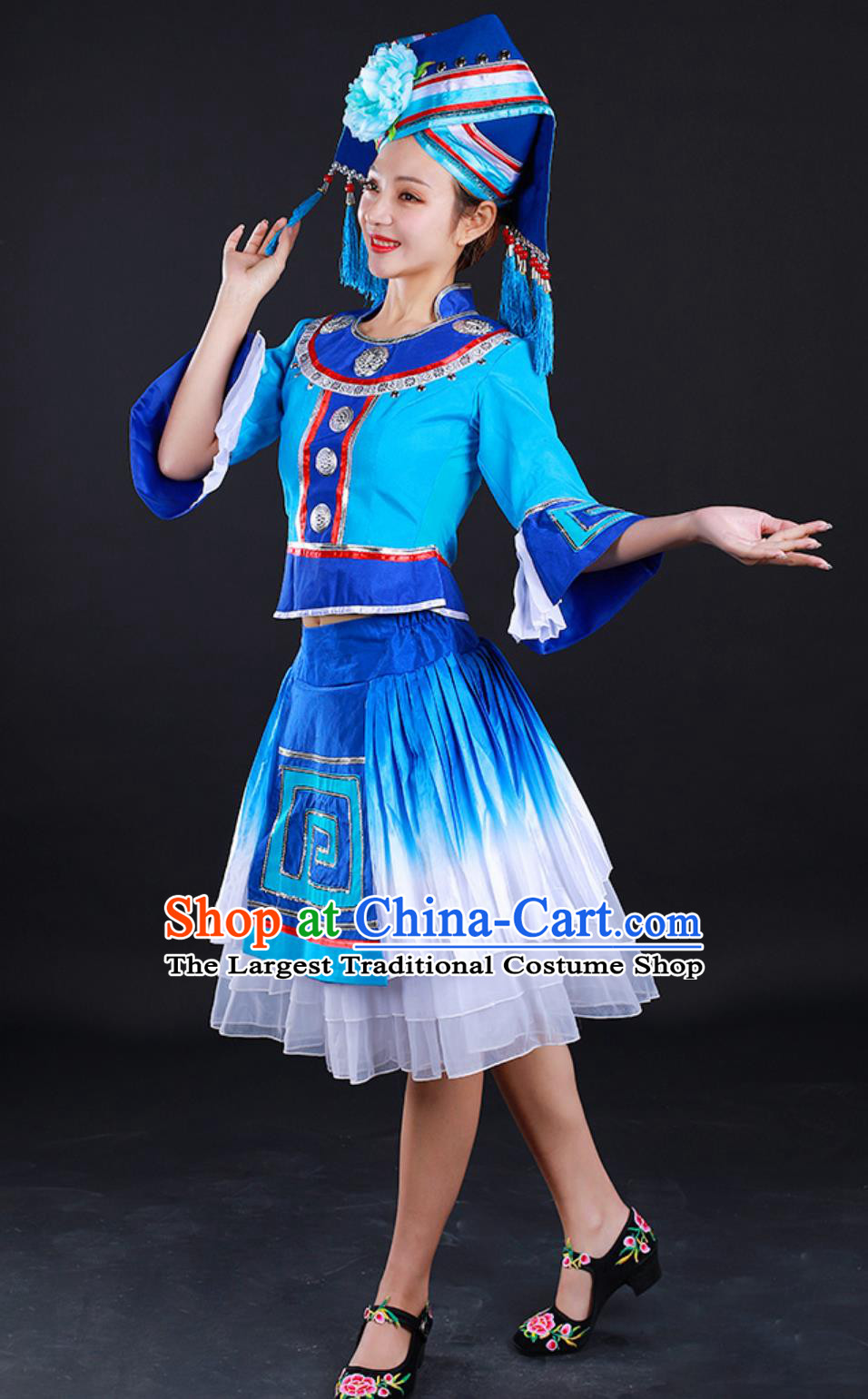 Traditional Chinese Ethnic Festival Attire Zhuang Third Sister Liu Folk Dance Costume Stage Performance Blue Dress