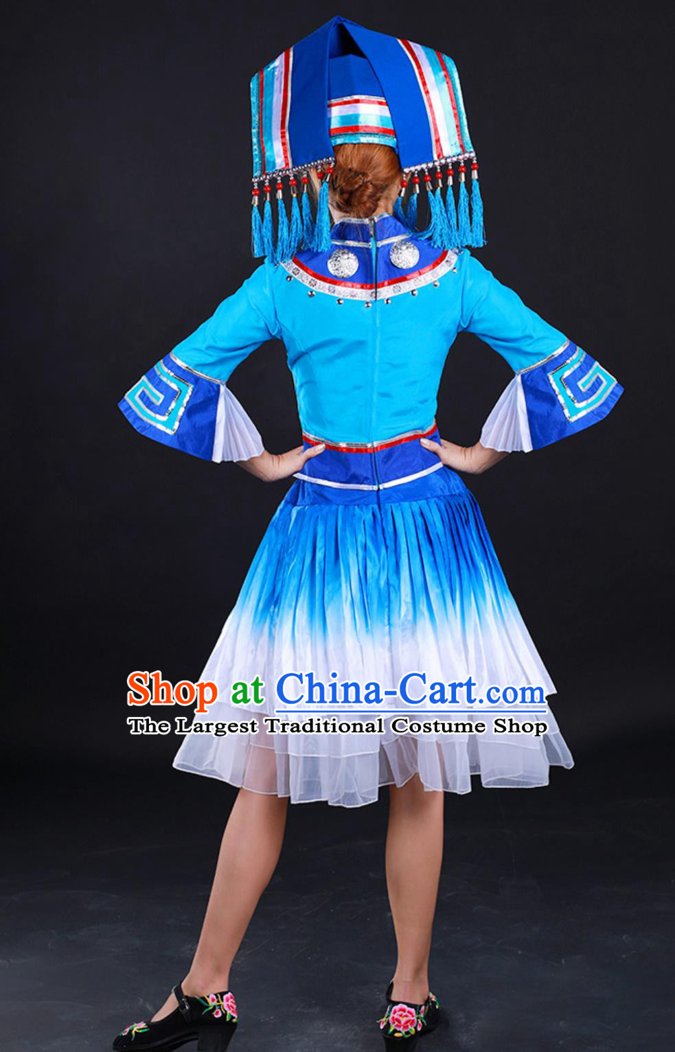 Traditional Chinese Ethnic Festival Attire Zhuang Third Sister Liu Folk Dance Costume Stage Performance Blue Dress
