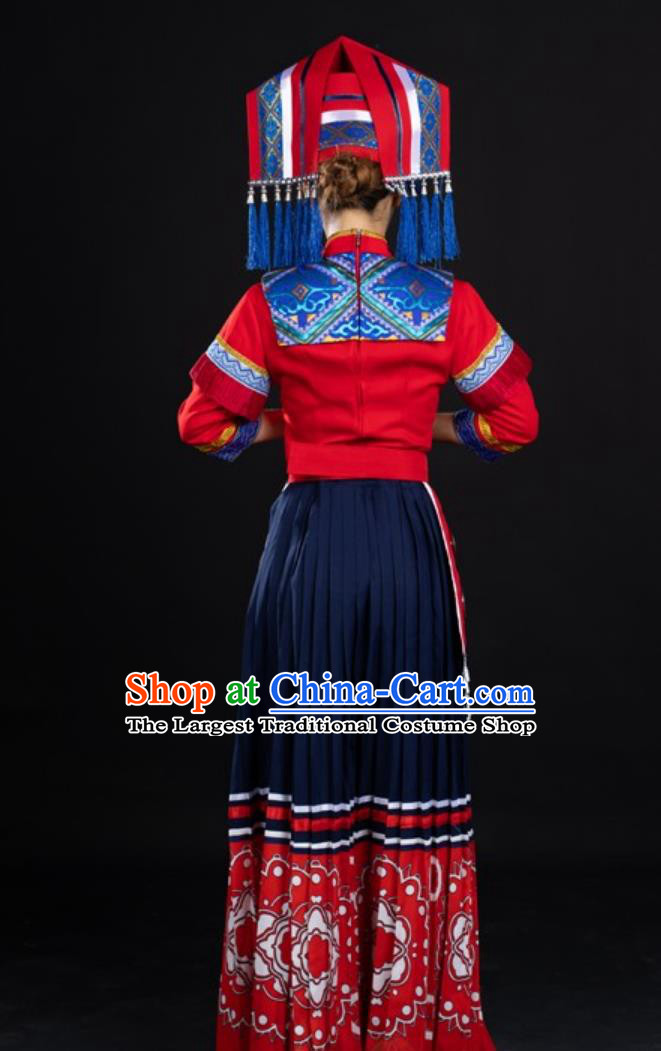 Chinese Zhuang Ethnic Red Printed Long Dress Women Formal Catwalk Performance Costume