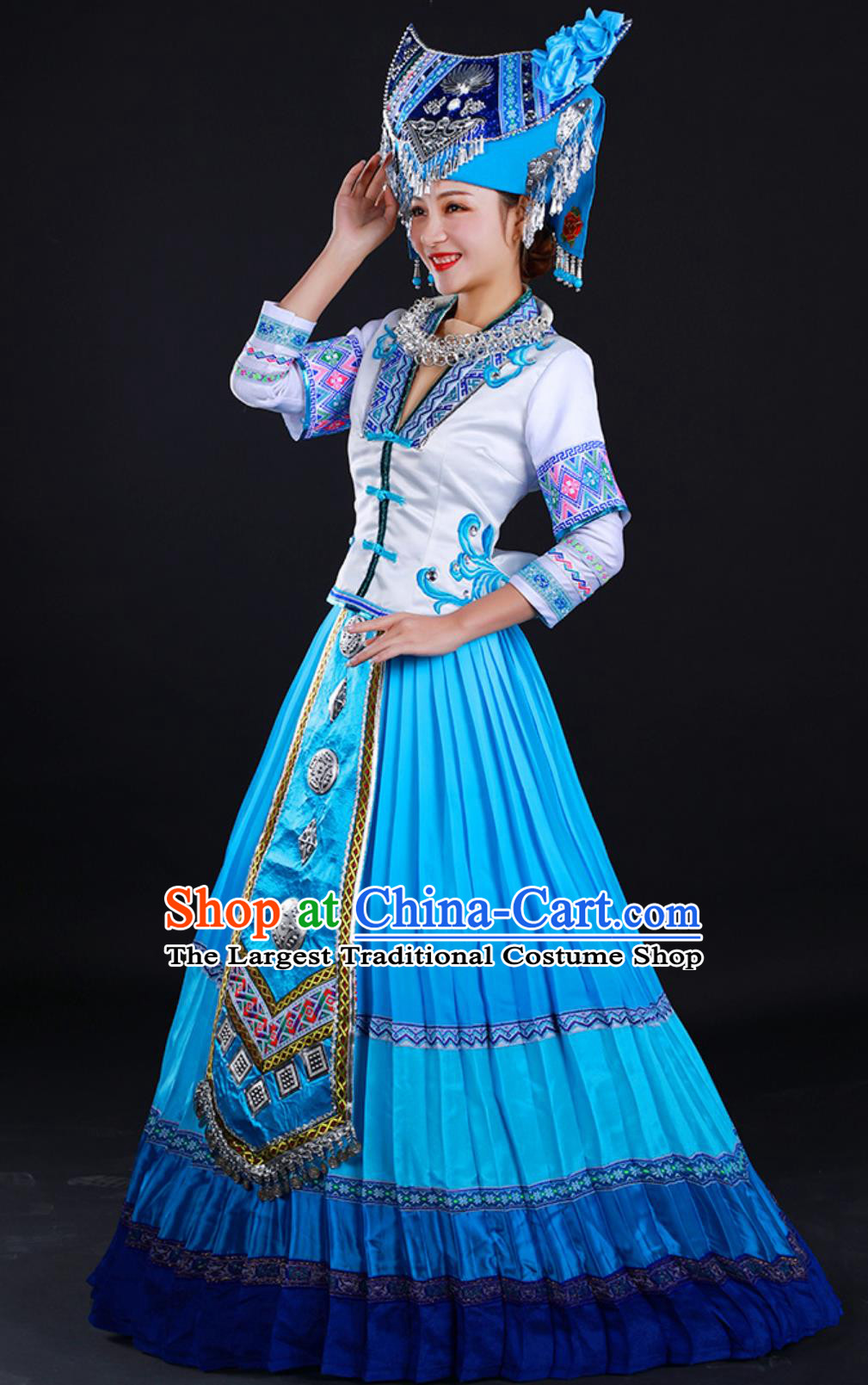 Stage Performance Blue Long Dress Traditional Chinese Ethnic Festival Attire Zhuang Third Sister Liu Folk Dance Costume