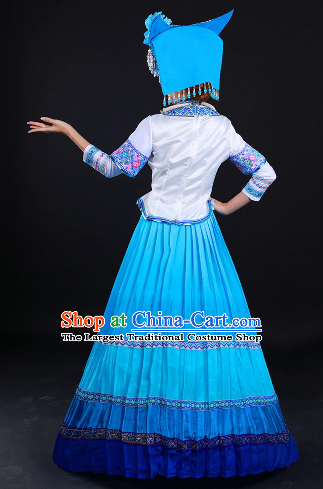 Stage Performance Blue Long Dress Traditional Chinese Ethnic Festival Attire Zhuang Third Sister Liu Folk Dance Costume