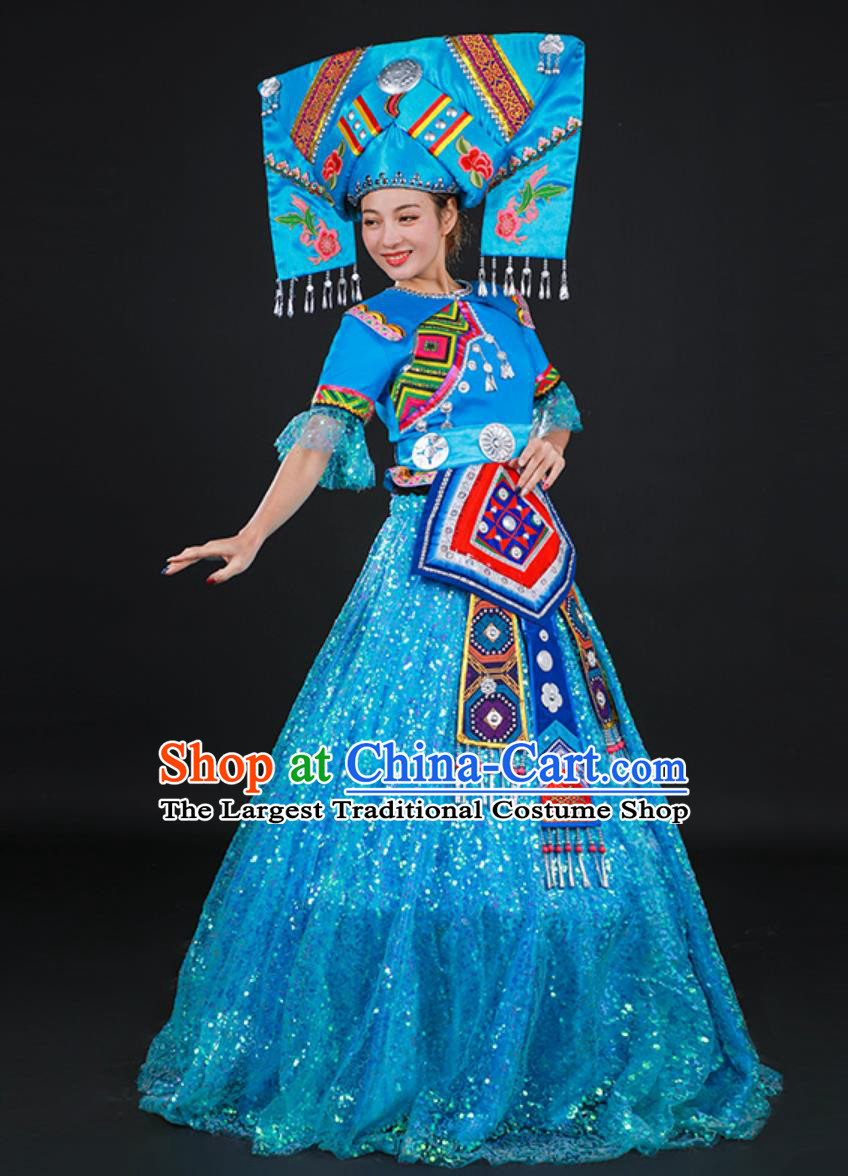 Zhuang Ethnic Women Stage Performance Costume Chinese Host Ceremonial Gown