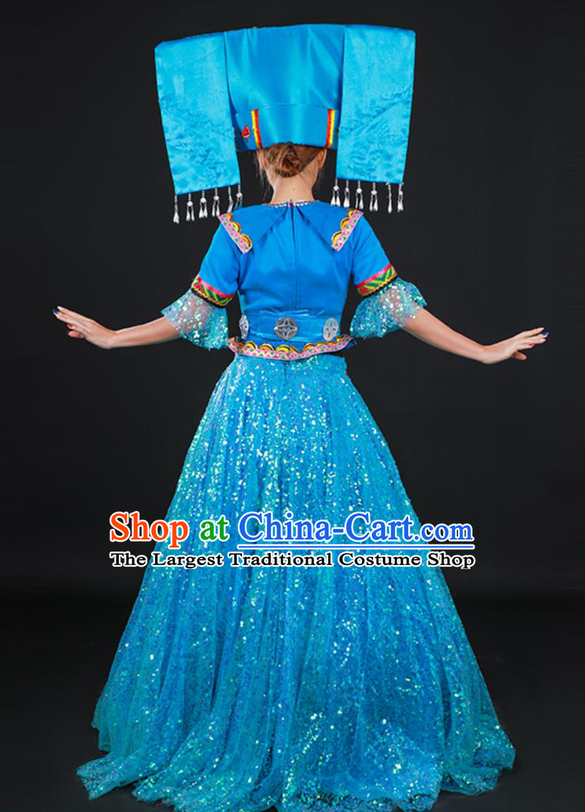Zhuang Ethnic Women Stage Performance Costume Chinese Host Ceremonial Gown