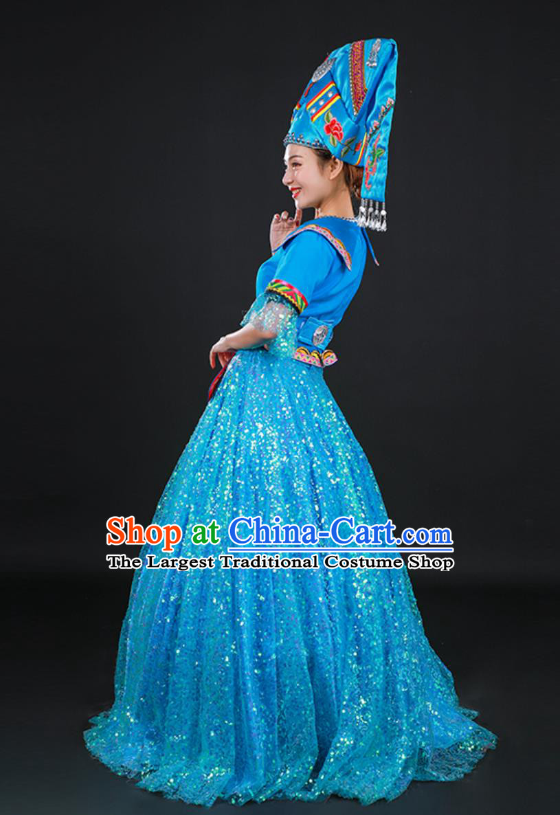 Zhuang Ethnic Women Stage Performance Costume Chinese Host Ceremonial Gown