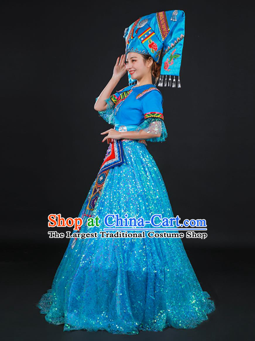 Zhuang Ethnic Women Stage Performance Costume Chinese Host Ceremonial Gown