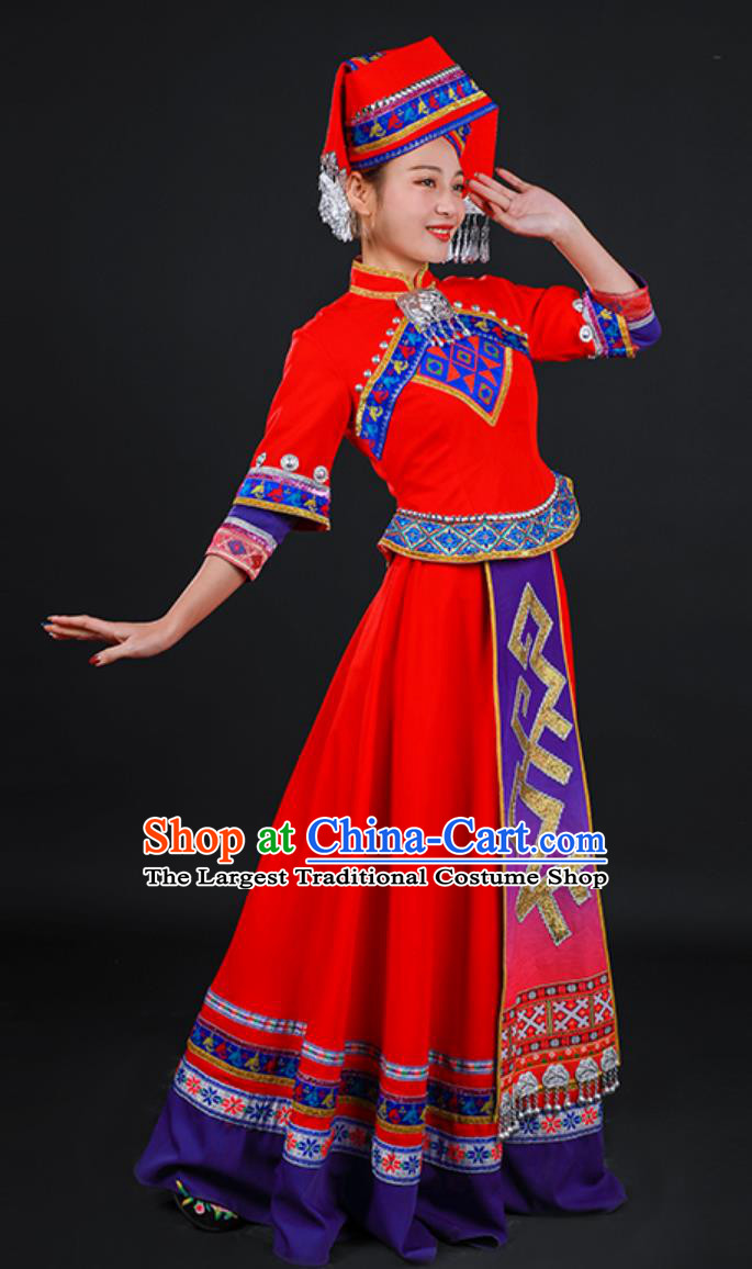 Zhuang March Third Festival Costume Ethnic Minority Host Ceremonial Red Dress Stage Catwalk Outfit