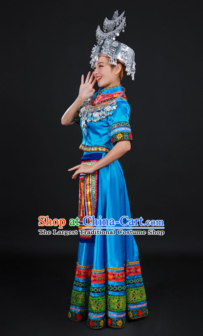 Wenshan Shui Ethnic Women Dance Costume Chinese Yunnan Minority Traditional Clothing Blue Dress