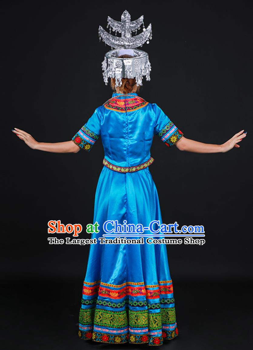 Wenshan Shui Ethnic Women Dance Costume Chinese Yunnan Minority Traditional Clothing Blue Dress