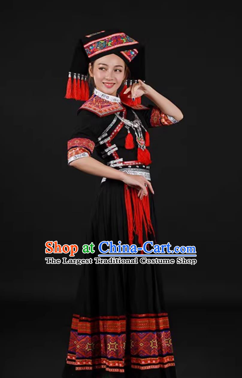 Zhuang March Third Festival Ethnic Women Black Uniform Chinese Stage Performance Long Dress