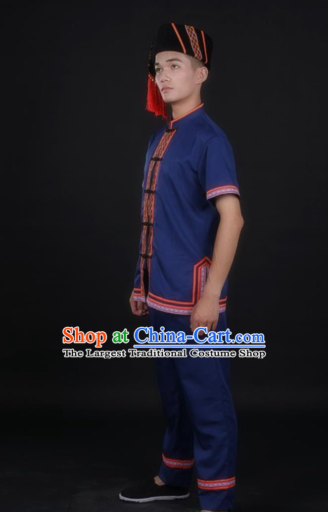 Yao Ethnic Short Sleeve Costume Traditional Chinese National Minority Male Navy Blue Outfit