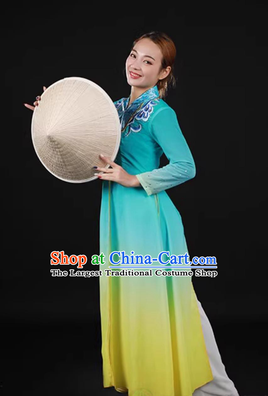 Jing Ethnic Green Costume Chinese Women Stage Dance Performance Attire