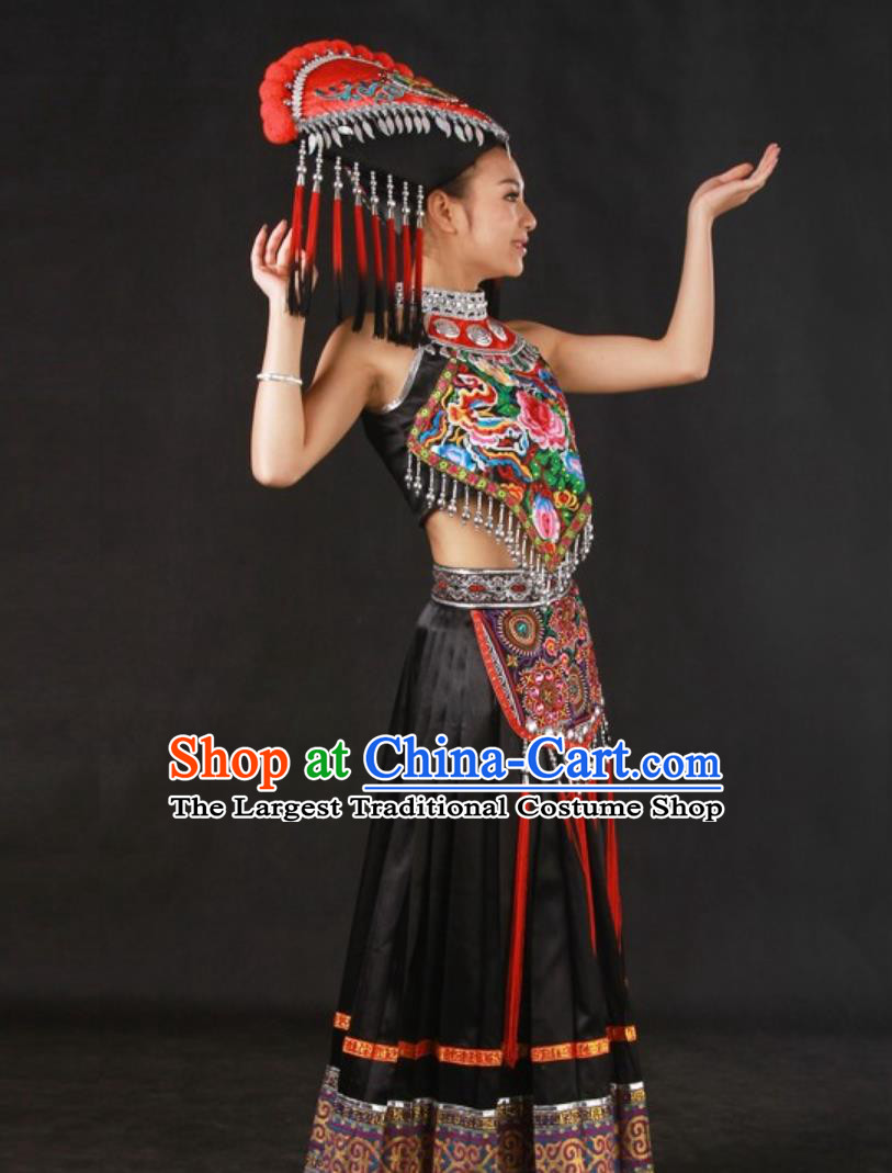 Zhuang Ethnic Floral Embroidery Black Outfit Chinese Traditional Mid Length Women Dress