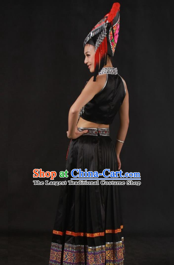 Zhuang Ethnic Floral Embroidery Black Outfit Chinese Traditional Mid Length Women Dress