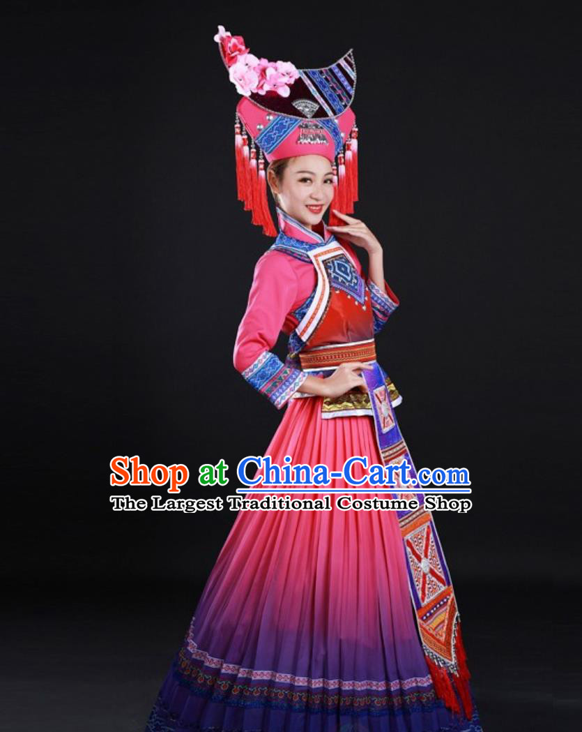Chinese Zhuang Ethnic Pink Long Dress National Minority Women Stage Performance Costume