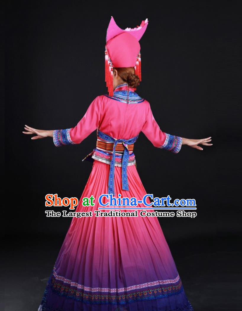 Chinese Zhuang Ethnic Pink Long Dress National Minority Women Stage Performance Costume