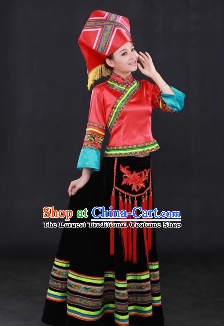 Zhuang Ethnic Dance Performance Red Costume Chinese Traditional Featival Women Dance Minority Outfit