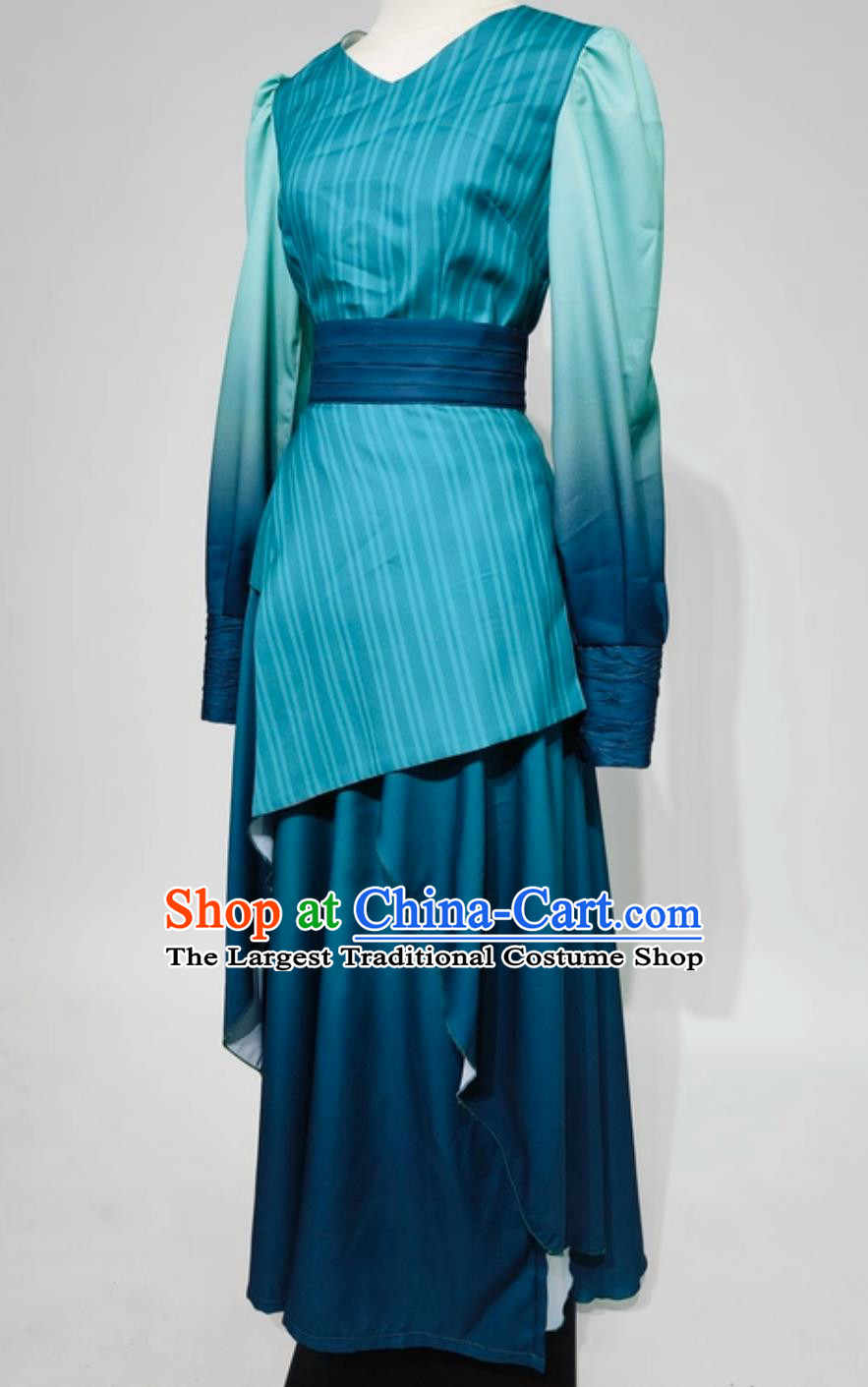 Poetic Green Women Large Stage Performance Costume Chinese Group Dance Attire