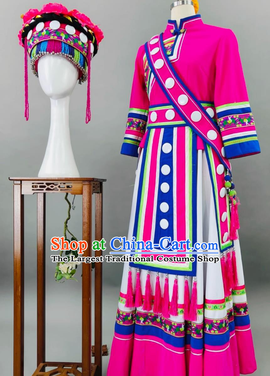 Lisu Ethnic Stage Performance Costume Chinese Minority Style Attire Large Stage Show Pink Outfit