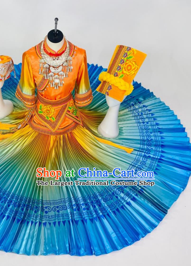Tujia Ethnic Women Costume Chinese Traditional Style Stage Performance Dress Minority Group Ceremonial Dance Attire