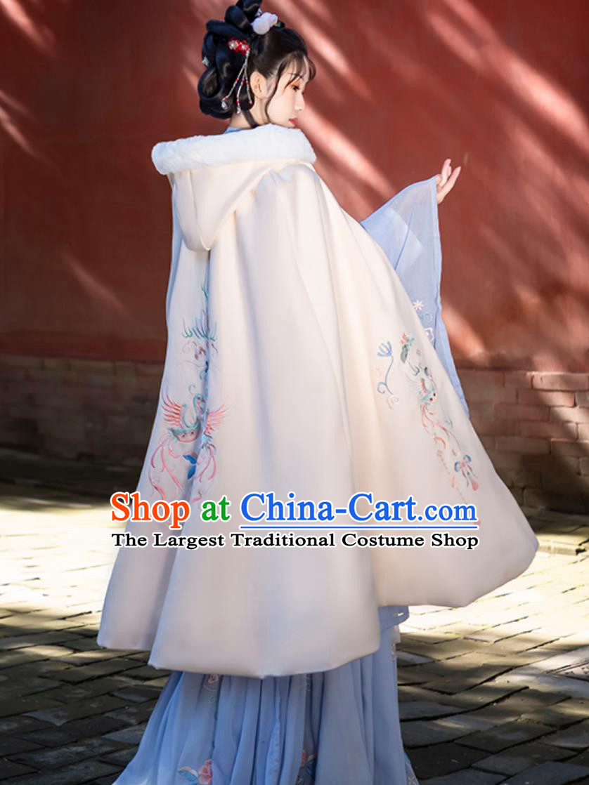 White Heavy Embroidery Hanfu Cape Chinese Traditional Women Winter Woolen Coat