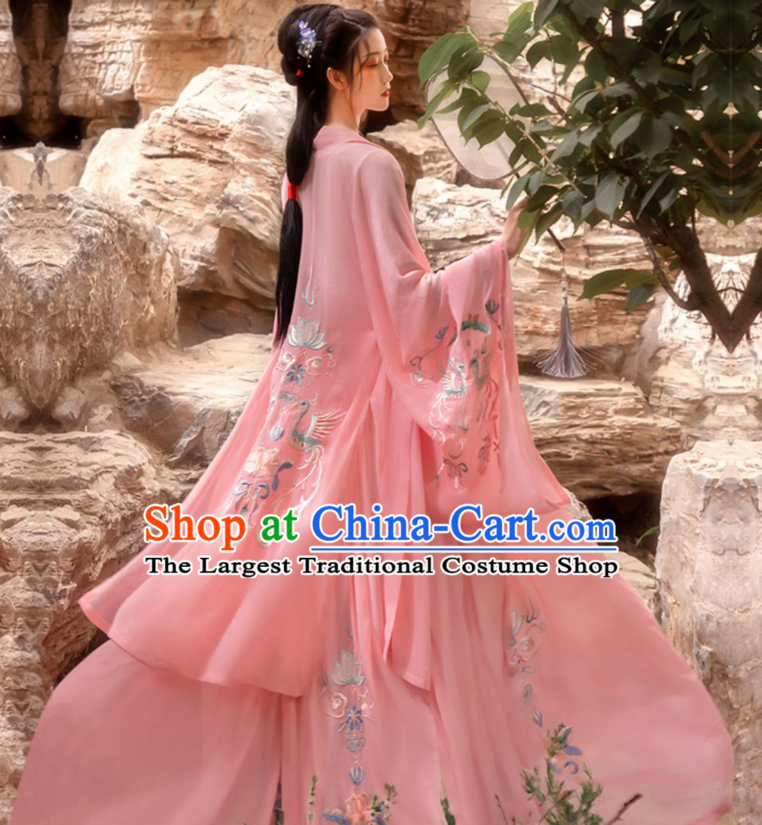Chinese Female Hanfu Pink High Waist Cross Collar Duijin Da Xiu Shan Heavy Embroidery Skirt Complete Set