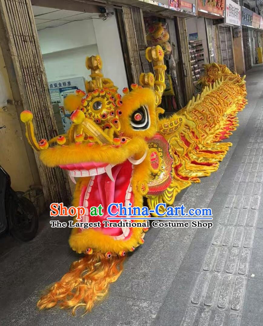 Full Handmade Traditional Giant Dragon Chinese Loong Dance Equipment Golden Wool Dragon Dance Head and Costume Complete Set