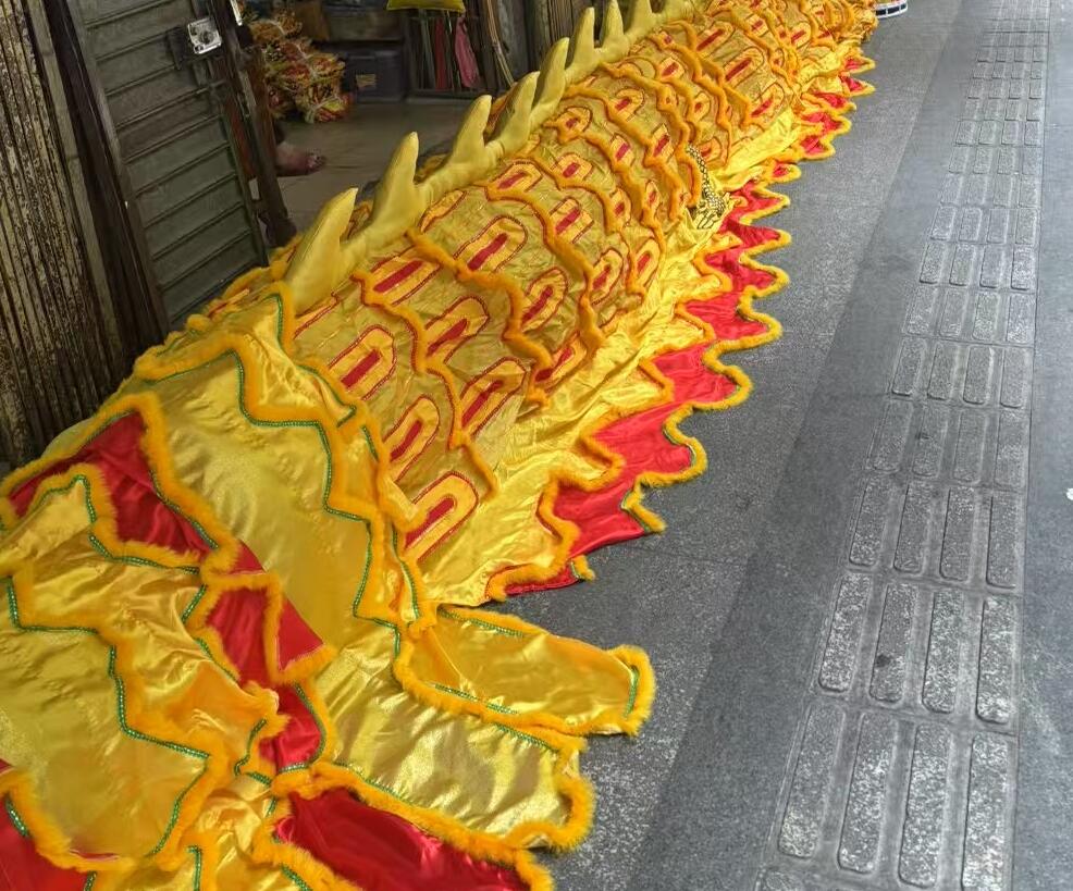 Full Handmade Traditional Giant Dragon Chinese Loong Dance Equipment Golden Wool Dragon Dance Head and Costume Complete Set