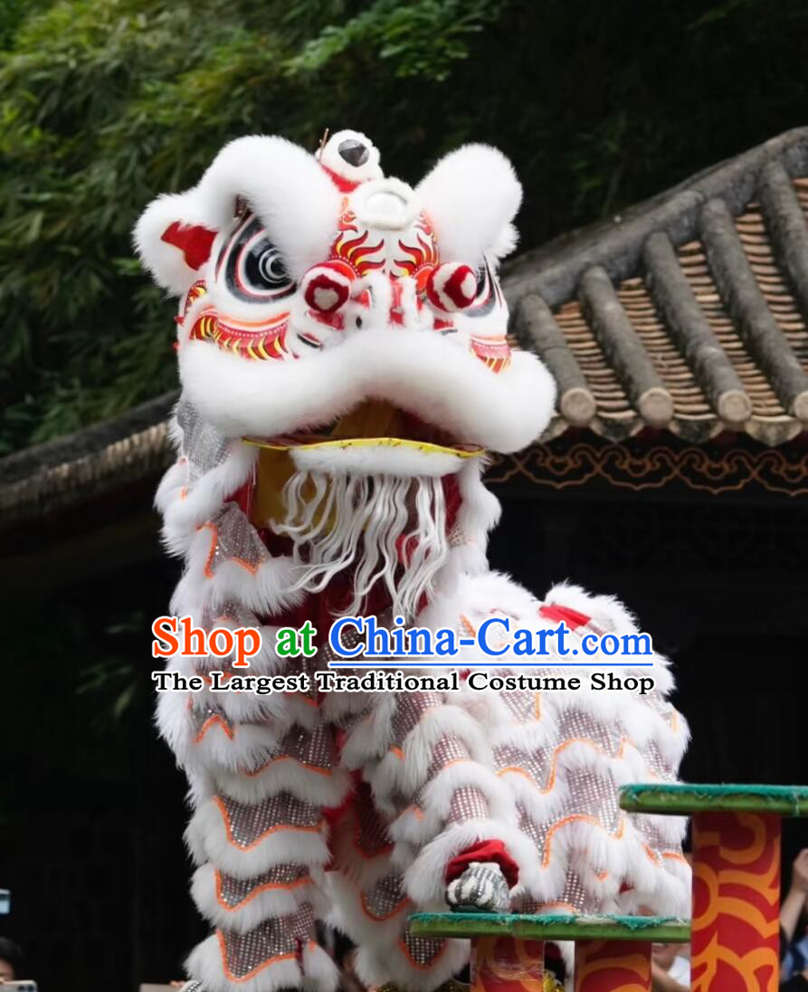 Chinese Festival Celebration Equipment White Wool Traditional Lion Dance Costume Handmade Fut San lion Head Complete Set