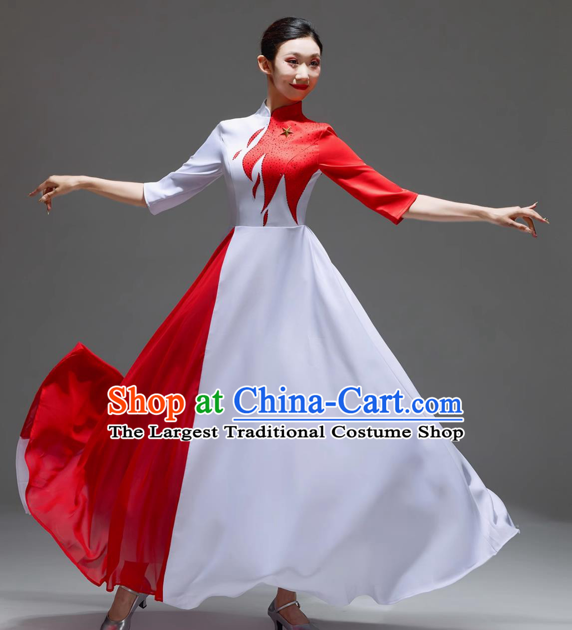 Choir Performance Dress Women Long Gown Chinese Style Red Song Competition Bless My Motherland Show Costume