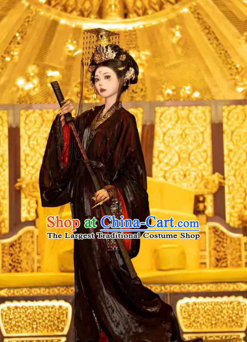 Black Warring States Robe Ancient Chinese Empress Hanfu Traditional Zhiju Trailing Dress