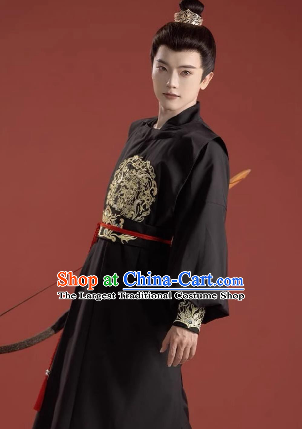 Chinese Tang Dynasty Round Collar Robe Black Men Embroidered Ancient Knight Outfit