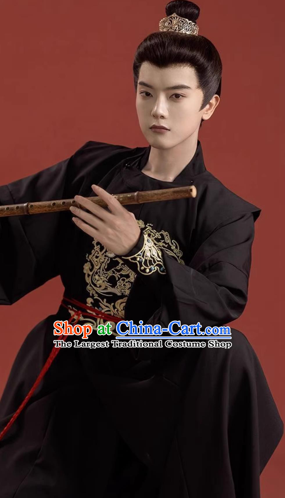 Chinese Tang Dynasty Round Collar Robe Black Men Embroidered Ancient Knight Outfit