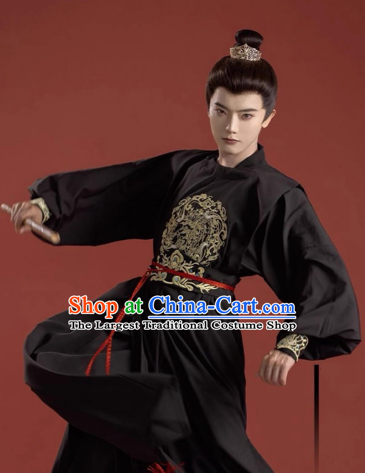 Chinese Tang Dynasty Round Collar Robe Black Men Embroidered Ancient Knight Outfit