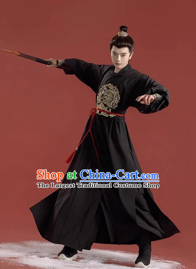 Chinese Tang Dynasty Round Collar Robe Black Men Embroidered Ancient Knight Outfit