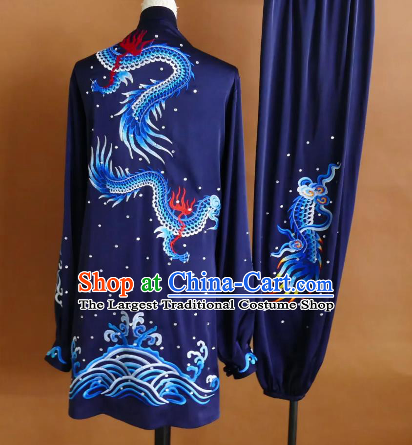 Navy Blue Dragon Embroidered Tai Chi Performance Uniform Kung Fu Group Competition Costume
