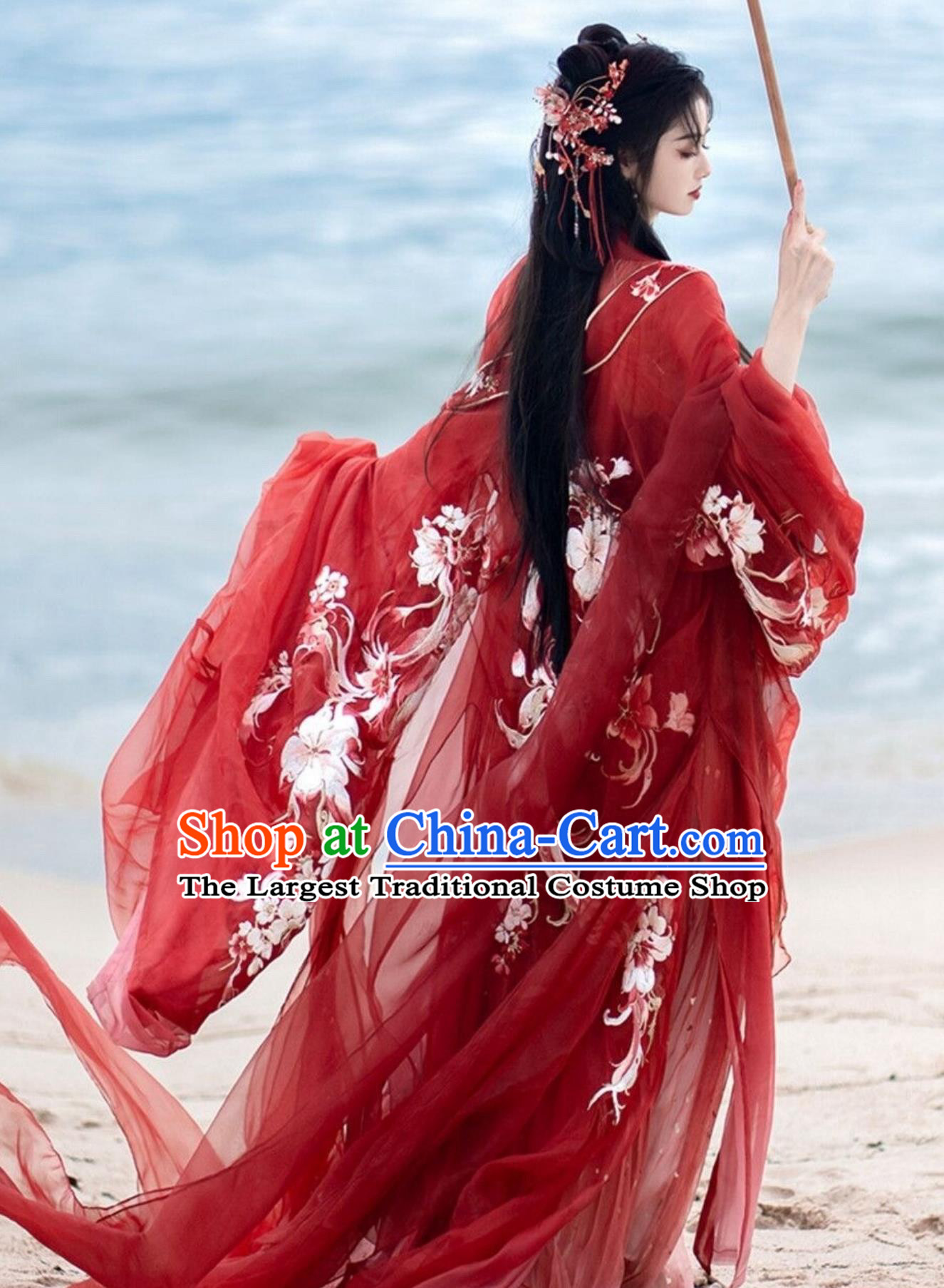 Tang Dynasty Embroidered Hanfu Women Wide Sleeve Blouse Hezi Skirt Red Outfit Traditional Chinese Clothing