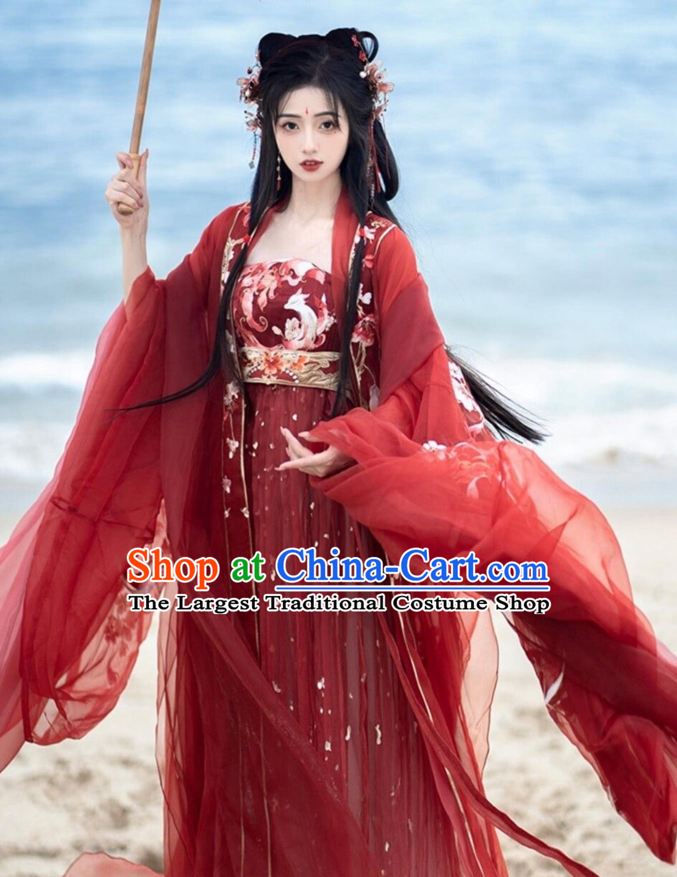 Tang Dynasty Embroidered Hanfu Women Wide Sleeve Blouse Hezi Skirt Red Outfit Traditional Chinese Clothing