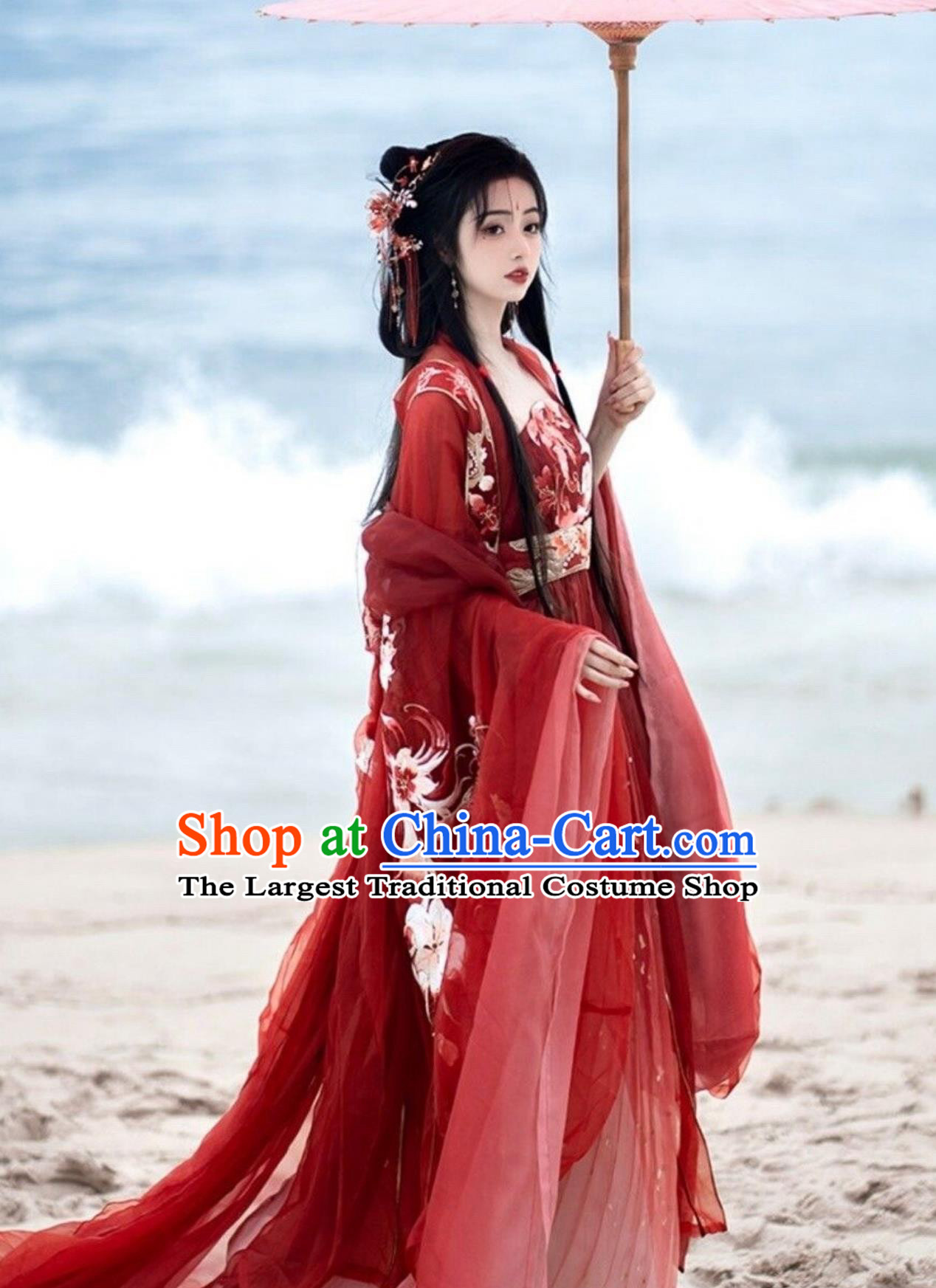 Tang Dynasty Embroidered Hanfu Women Wide Sleeve Blouse Hezi Skirt Red Outfit Traditional Chinese Clothing