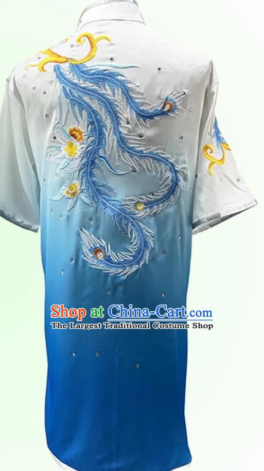 Professional Long Fist Wushu Competition Blue Outfit Embroidery Phoenix Martial Arts Changquan Costume