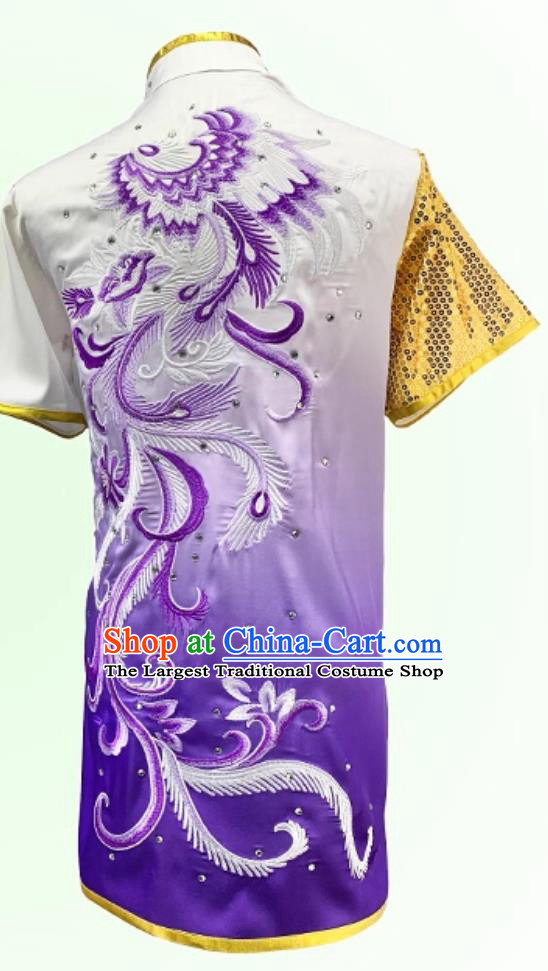 Wushu Competition Performance Purple Outfit Embroidery Phoenix Martial Arts Costume Professional Changquan Uniform
