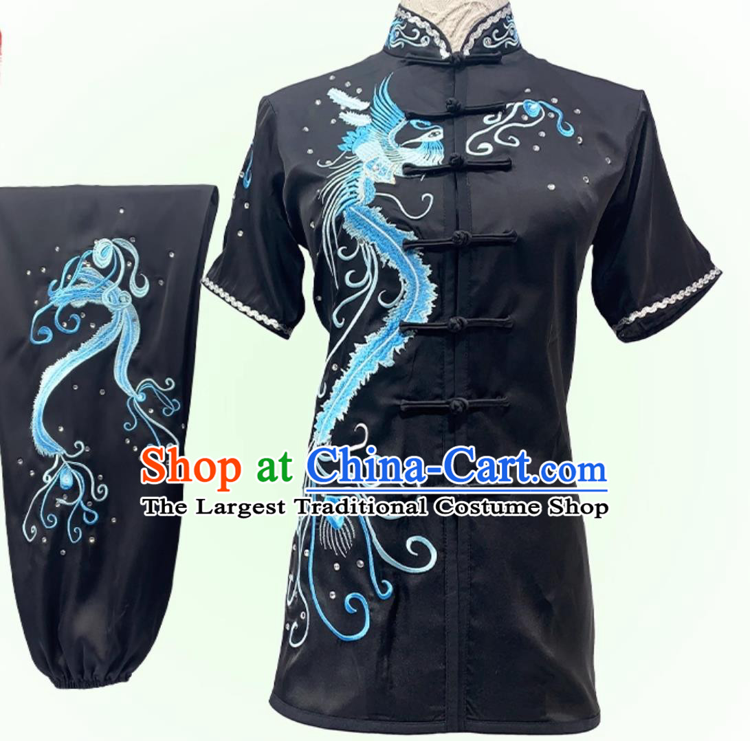 Wushu Competition Outfit Embroidery Phoenix Martial Arts Costume Professional Changquan Performance Black Uniform
