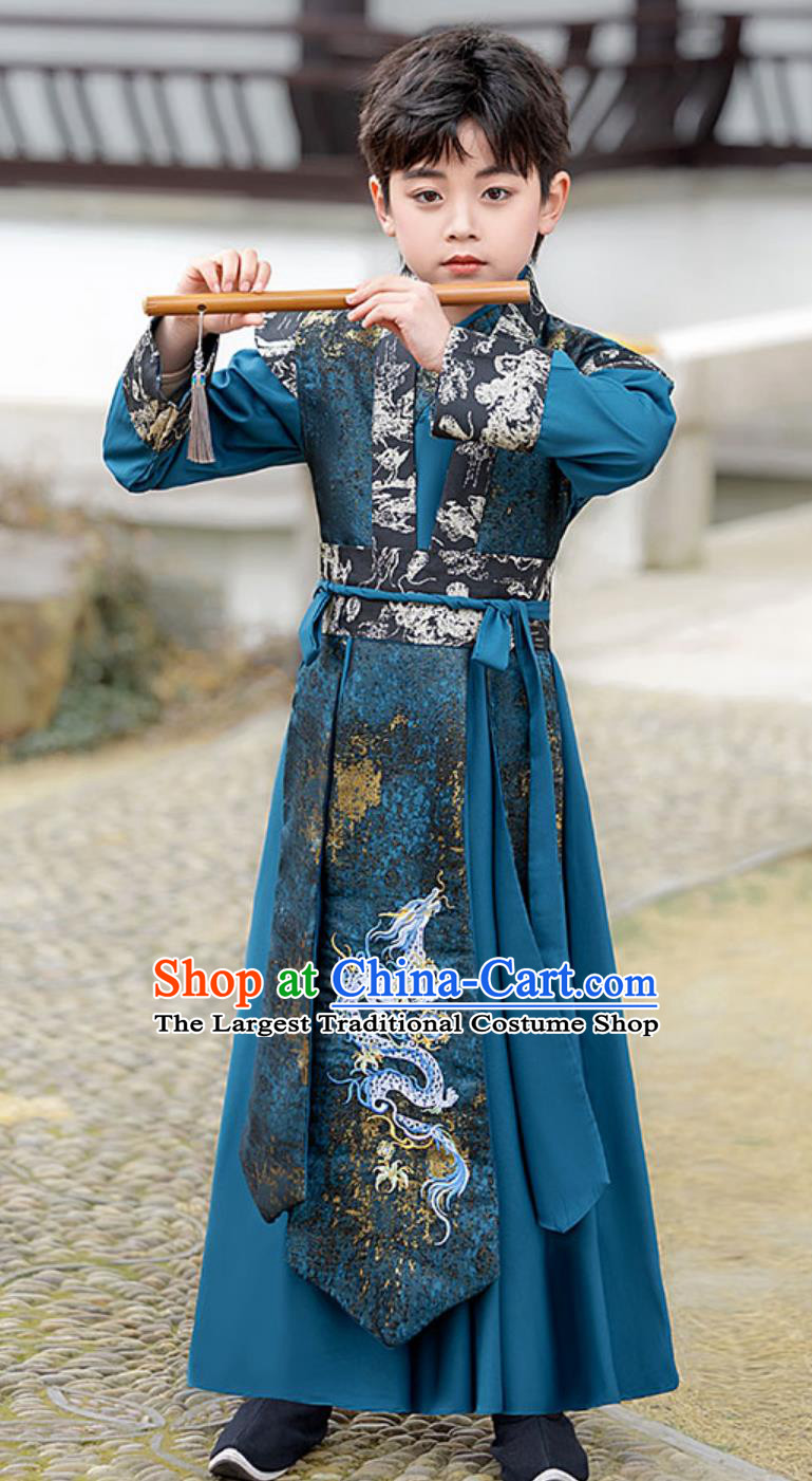 Chinese Kids Hanfu Ming Dynasty Wuxia Handsome Boy Clothing Ancient Elegant Blue Suit