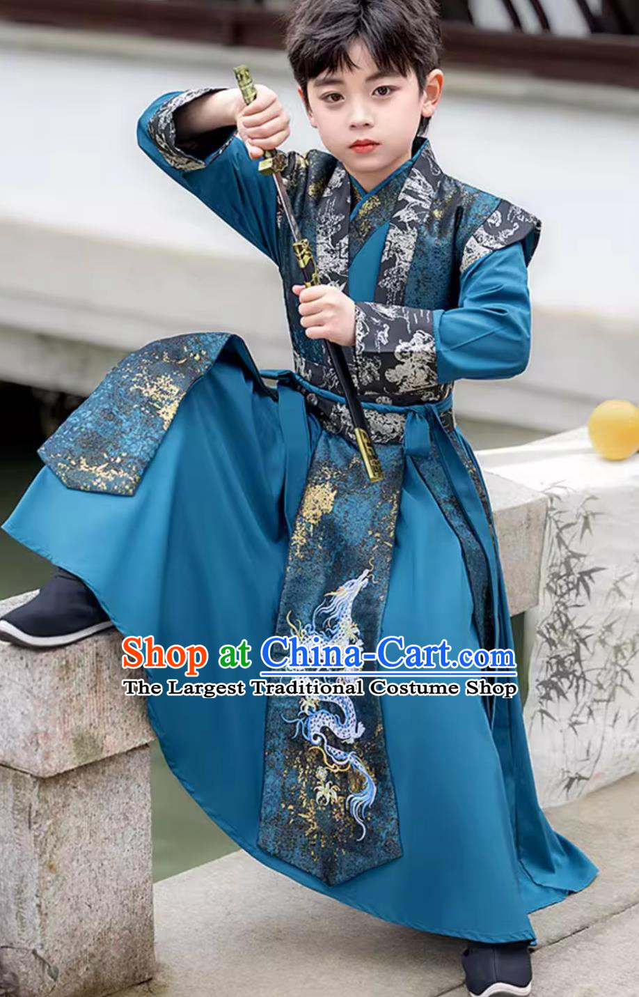 Chinese Kids Hanfu Ming Dynasty Wuxia Handsome Boy Clothing Ancient Elegant Blue Suit