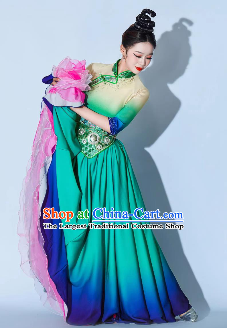 Galsang Flower Dance Performance Costume Chinese Ethnic Clothing Women Tibetan Dance Green Dress