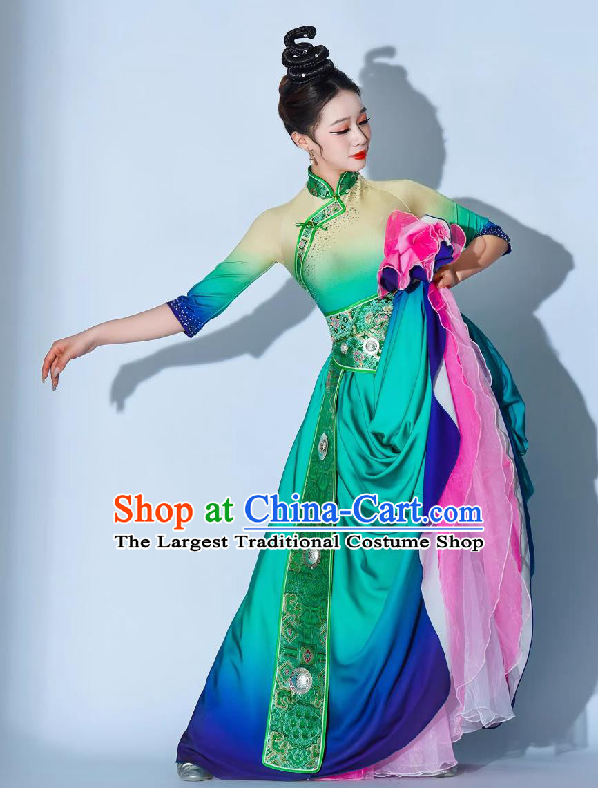 Galsang Flower Dance Performance Costume Chinese Ethnic Clothing Women Tibetan Dance Green Dress