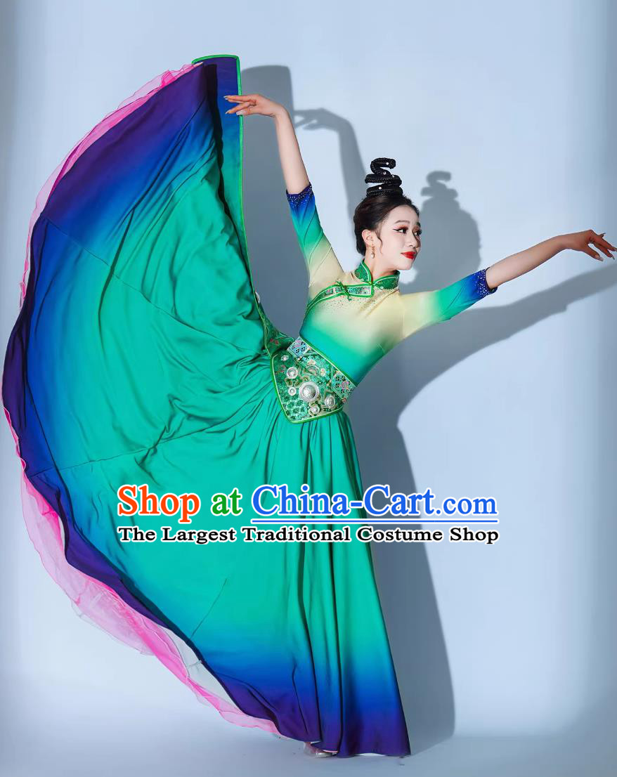 Galsang Flower Dance Performance Costume Chinese Ethnic Clothing Women Tibetan Dance Green Dress
