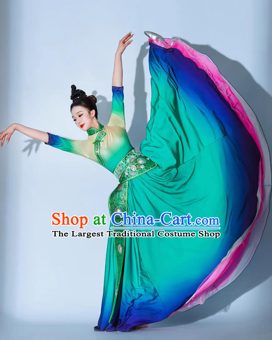 Galsang Flower Dance Performance Costume Chinese Ethnic Clothing Women Tibetan Dance Green Dress
