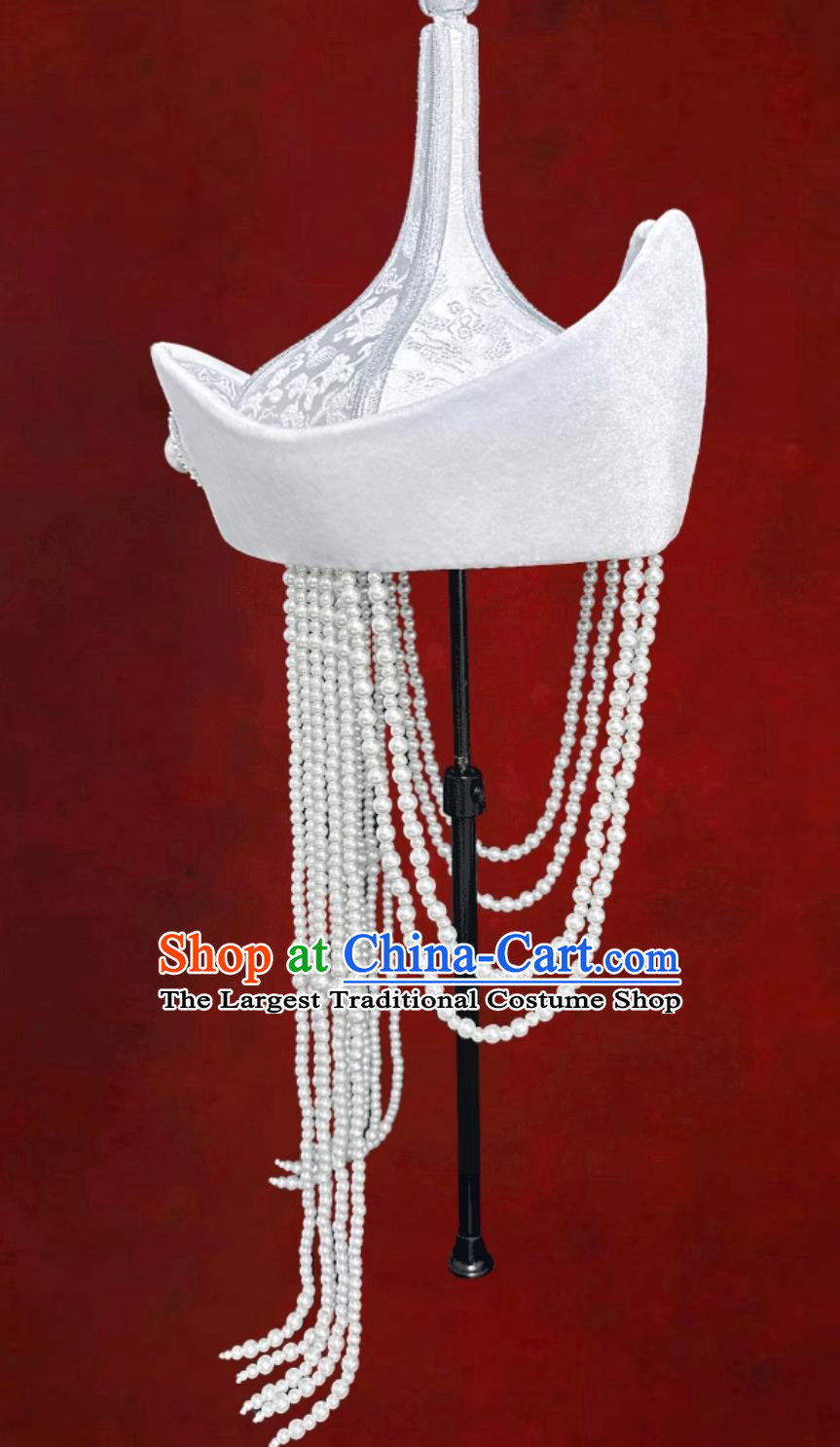 White Ethnic High Top Pointed Tassel Headpiece Mongolian Dance Performance Chinese Hair Accessory Forehead Decoration Hat