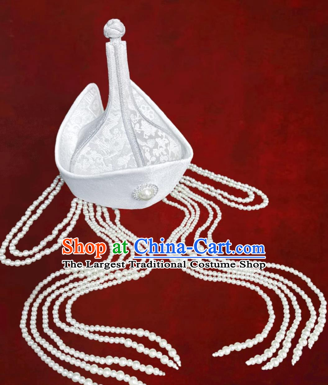 White Ethnic High Top Pointed Tassel Headpiece Mongolian Dance Performance Chinese Hair Accessory Forehead Decoration Hat