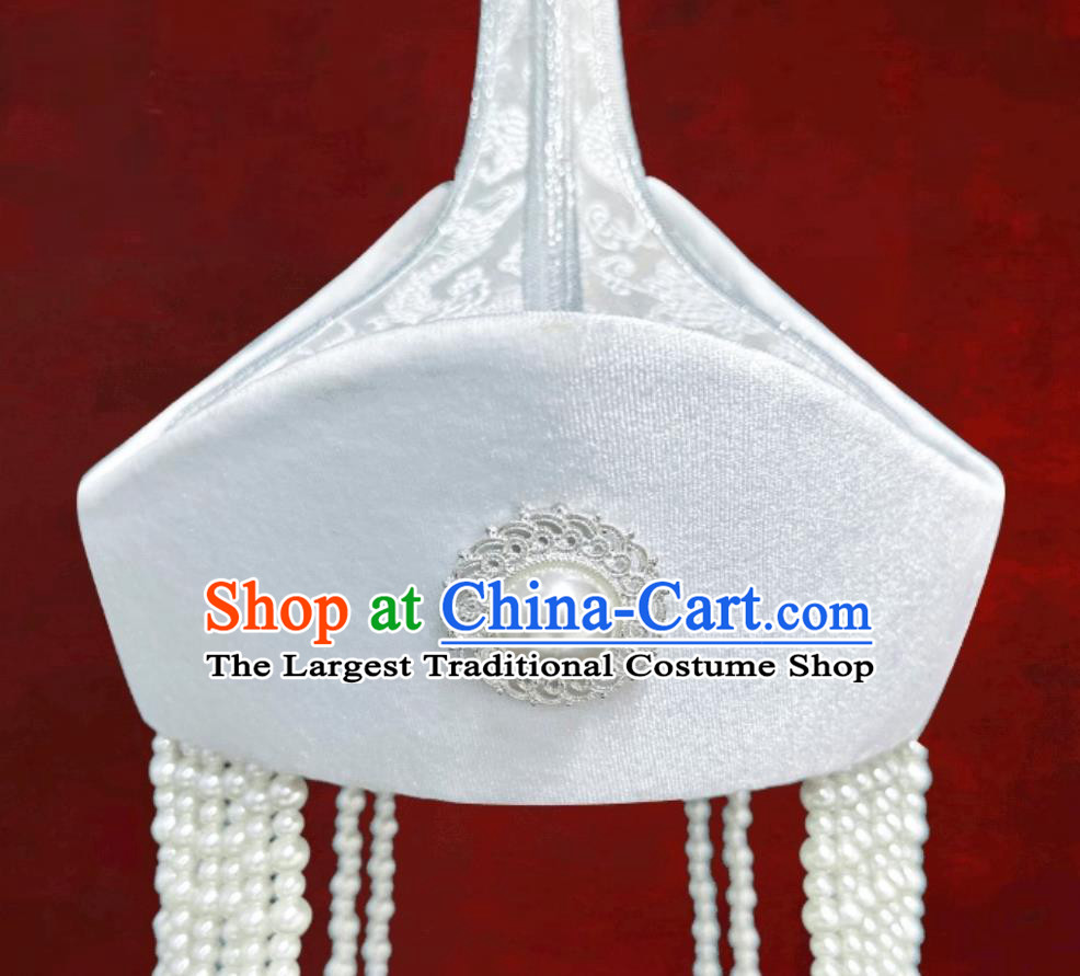 White Ethnic High Top Pointed Tassel Headpiece Mongolian Dance Performance Chinese Hair Accessory Forehead Decoration Hat